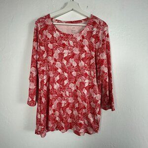 J.Jill Womens Pima Cotton 3/4 Sleeve Scoop Neck Tee Red & White Floral Large New